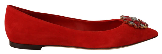 Dolce & Gabbana Crystal Embellished Red Suede Flats - PER.FASHION