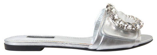 Dolce & Gabbana Crystal-Embellished Silver Leather Slides - PER.FASHION