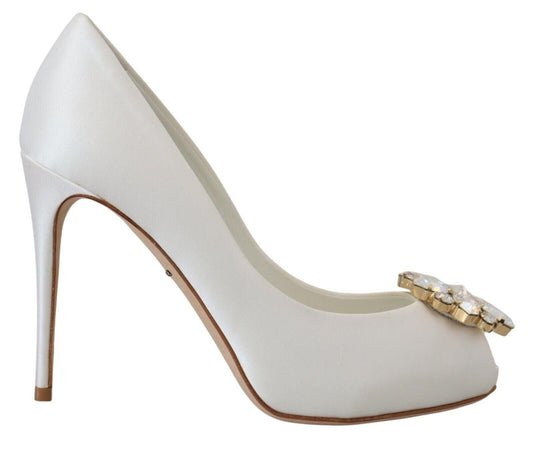 Dolce & Gabbana Crystal-Embellished White Peep Toe Heels - PER.FASHION