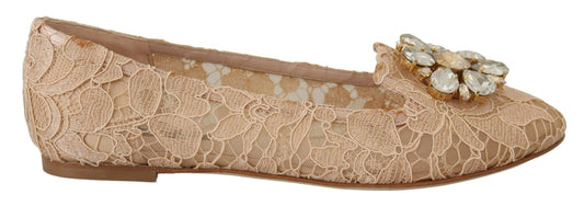Dolce & Gabbana Elegant Beige Lace Vally Flats with Crystal Accent - PER.FASHION