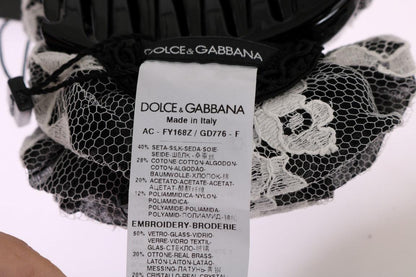 Dolce & Gabbana Elegant Black & White Floral Lace Crystal Hair Claw - PER.FASHION