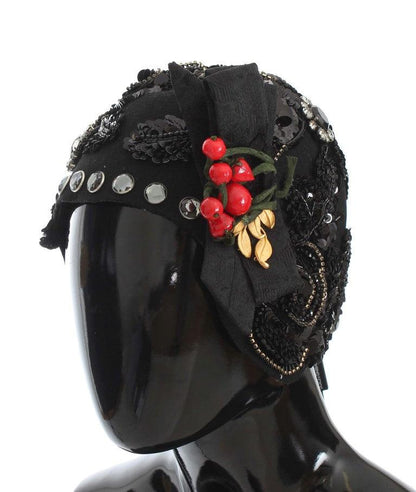 Dolce & Gabbana Elegant Black Crystal-Adorned Cloche Hat - PER.FASHION