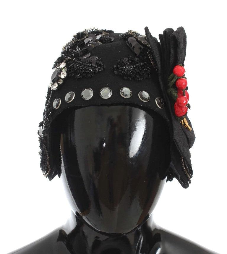 Dolce & Gabbana Elegant Black Crystal-Adorned Cloche Hat - PER.FASHION