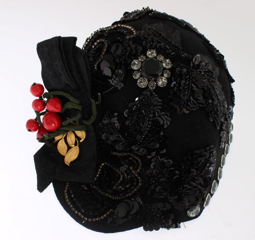 Dolce & Gabbana Elegant Black Crystal-Adorned Cloche Hat - PER.FASHION