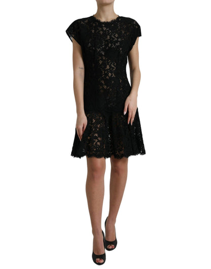 Dolce & Gabbana Elegant Black Floral Lace A-Line Mini Dress - PER.FASHION
