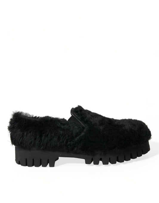 Dolce & Gabbana Elegant Black Fur Slip On Loafers for Men - PER.FASHION