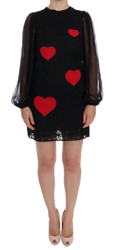 Dolce & Gabbana Elegant Black Lace Heart Applique Shift Dress - PER.FASHION