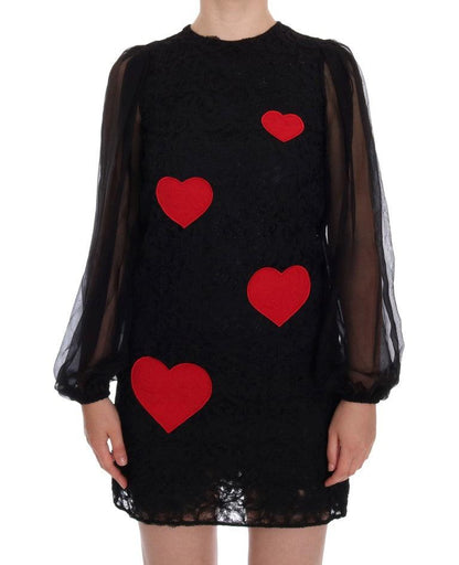 Dolce & Gabbana Elegant Black Lace Heart Applique Shift Dress - PER.FASHION