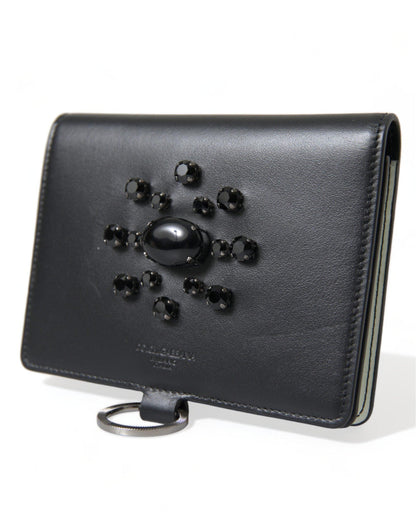 Dolce & Gabbana Elegant Black Leather Crystal Card Holder Wallet - PER.FASHION