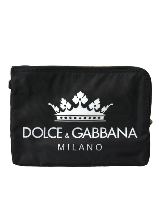 Dolce & Gabbana Elegant Black Nylon Clutch with Crown Print - PER.FASHION