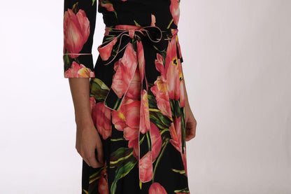 Dolce & Gabbana Elegant Black Shift Dress with Pink Tulips Print - PER.FASHION
