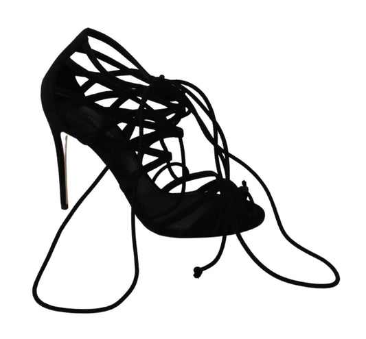 Dolce & Gabbana Elegant Black Suede Stiletto Ankle Strap Sandals - PER.FASHION