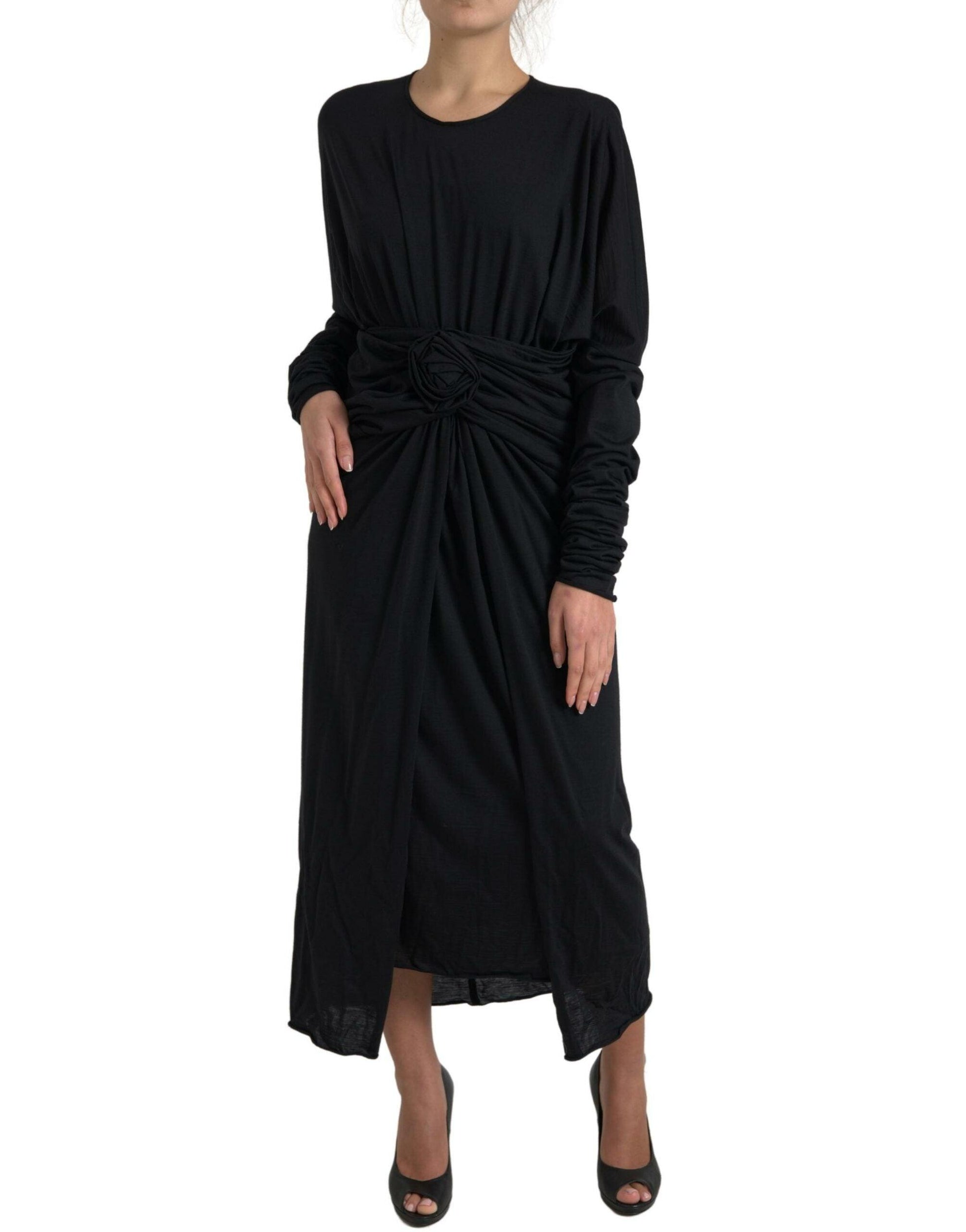 Dolce & Gabbana Elegant Black Wool Wrap Dress - PER.FASHION