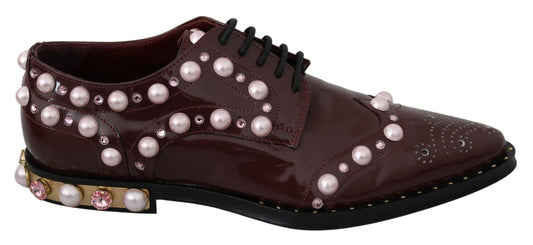 Dolce & Gabbana Elegant Bordeaux Lace-Up Flats with Pearls and Crystals - PER.FASHION