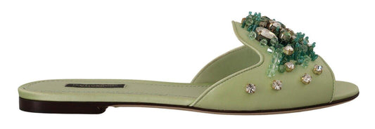 Dolce & Gabbana Elegant Crystal-Embellished Green Leather Slides - PER.FASHION