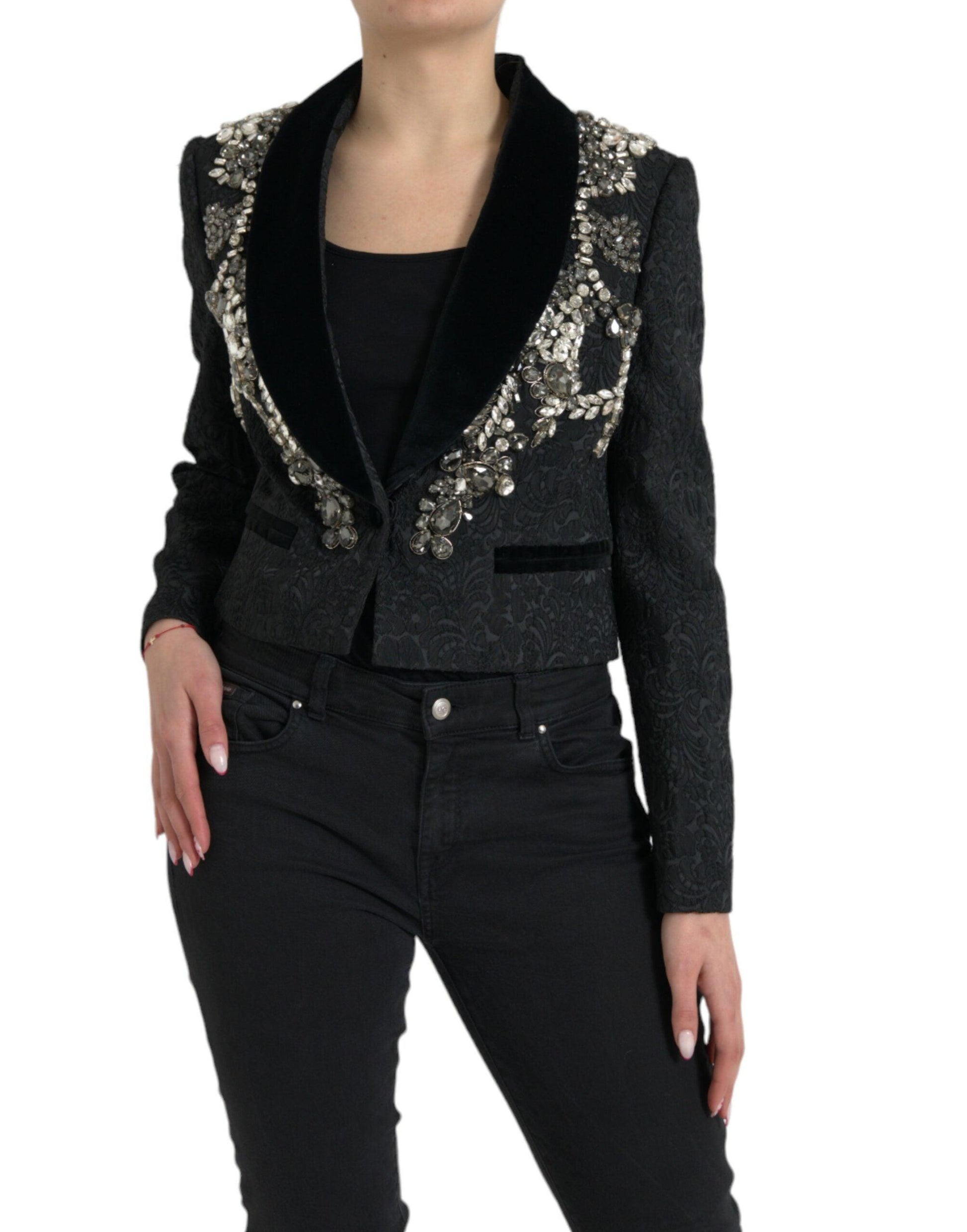 Dolce & Gabbana Elegant Embellished Black Overcoat Jacket - PER.FASHION