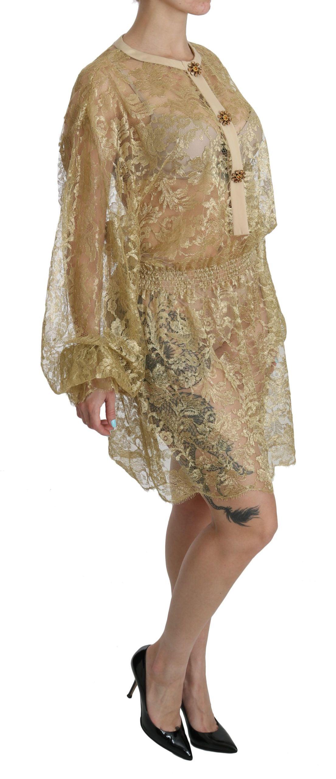 Dolce & Gabbana Elegant Gold Lace A-Line Knee Length Dress - PER.FASHION