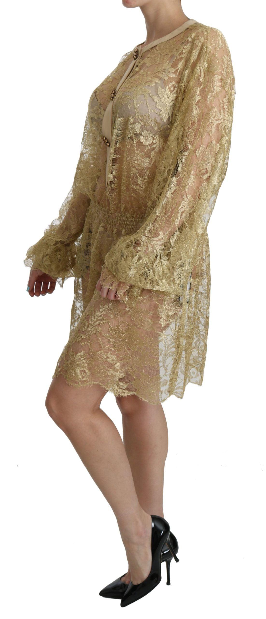 Dolce & Gabbana Elegant Gold Lace A-Line Knee Length Dress - PER.FASHION