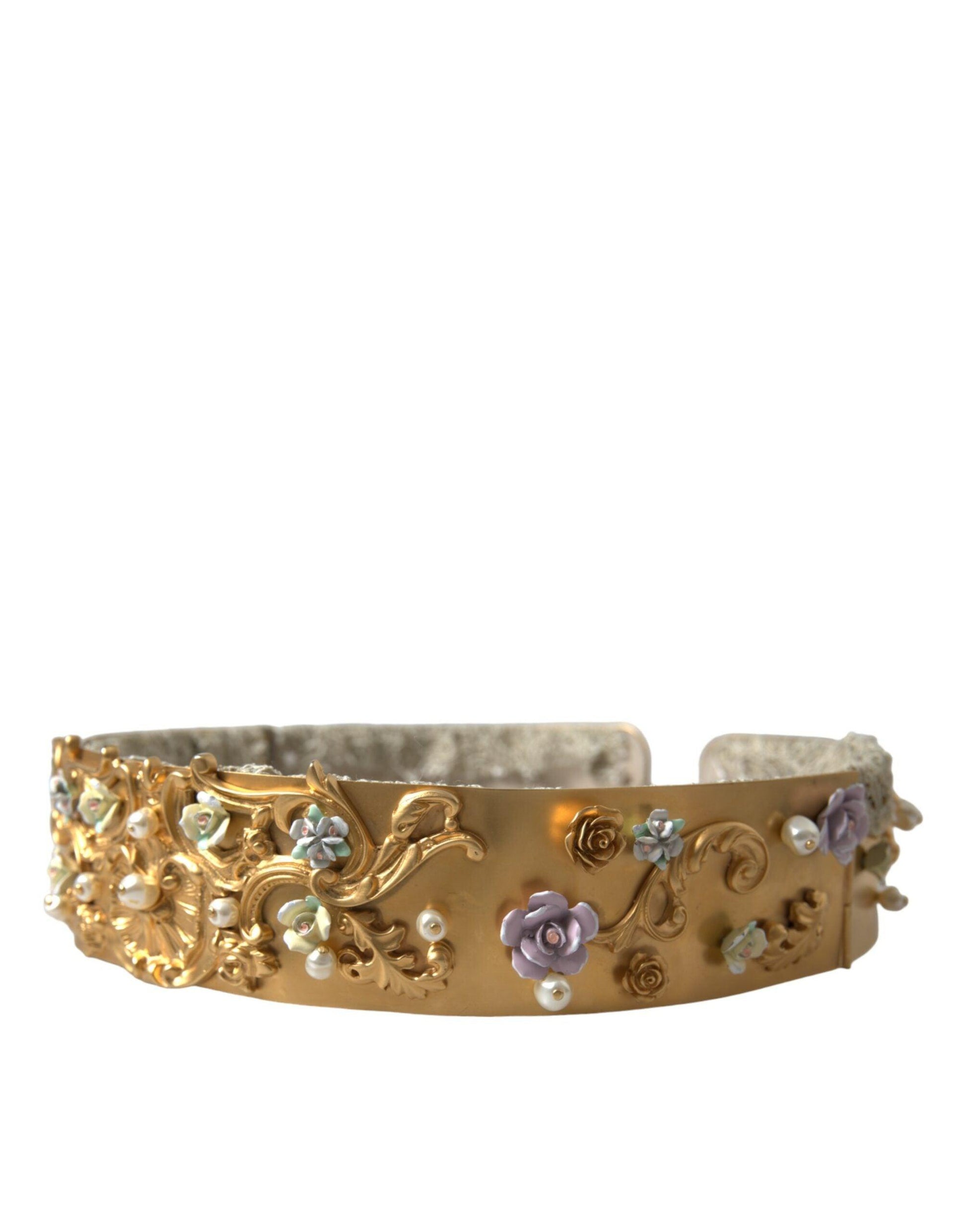 Dolce & Gabbana Elegant Gold-Tone Faux Pearl Floral Belt - PER.FASHION