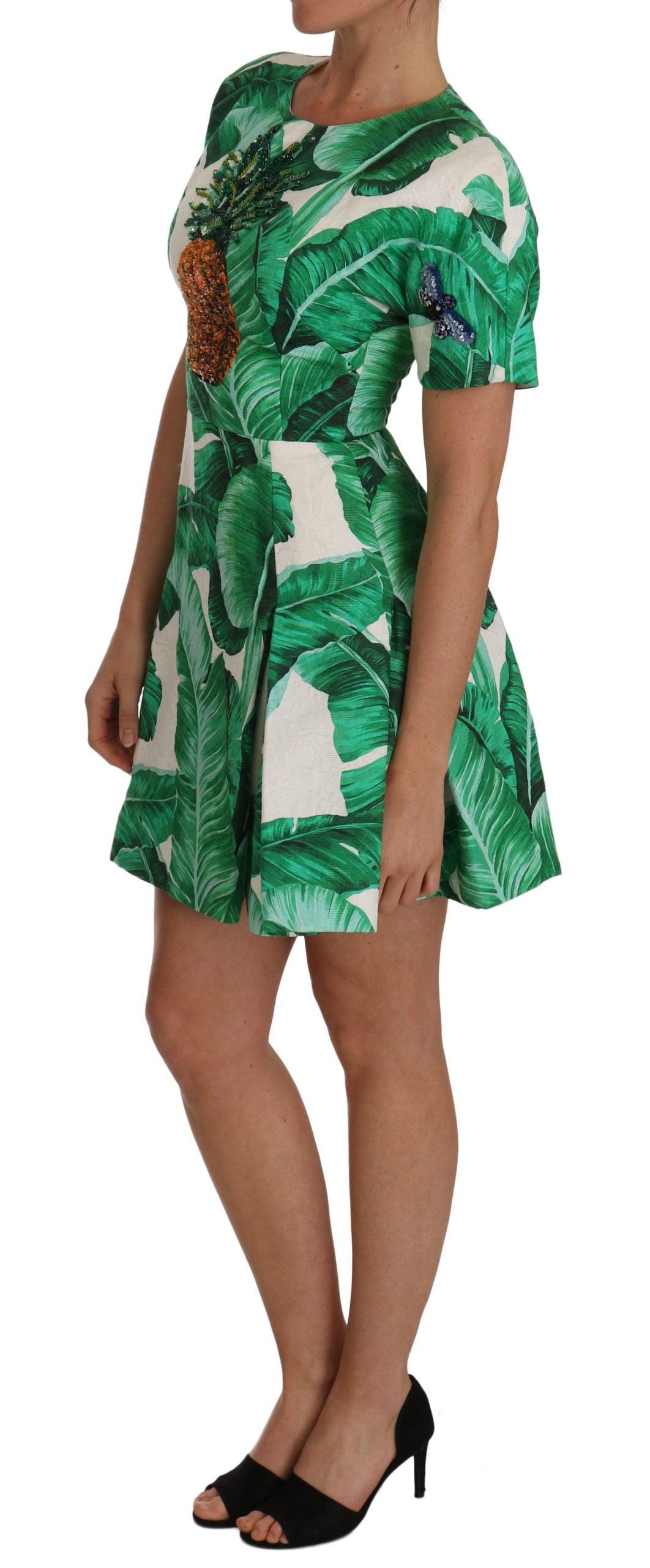 Dolce & Gabbana Elegant Green Banana Leaf Print A-Line Dress - PER.FASHION