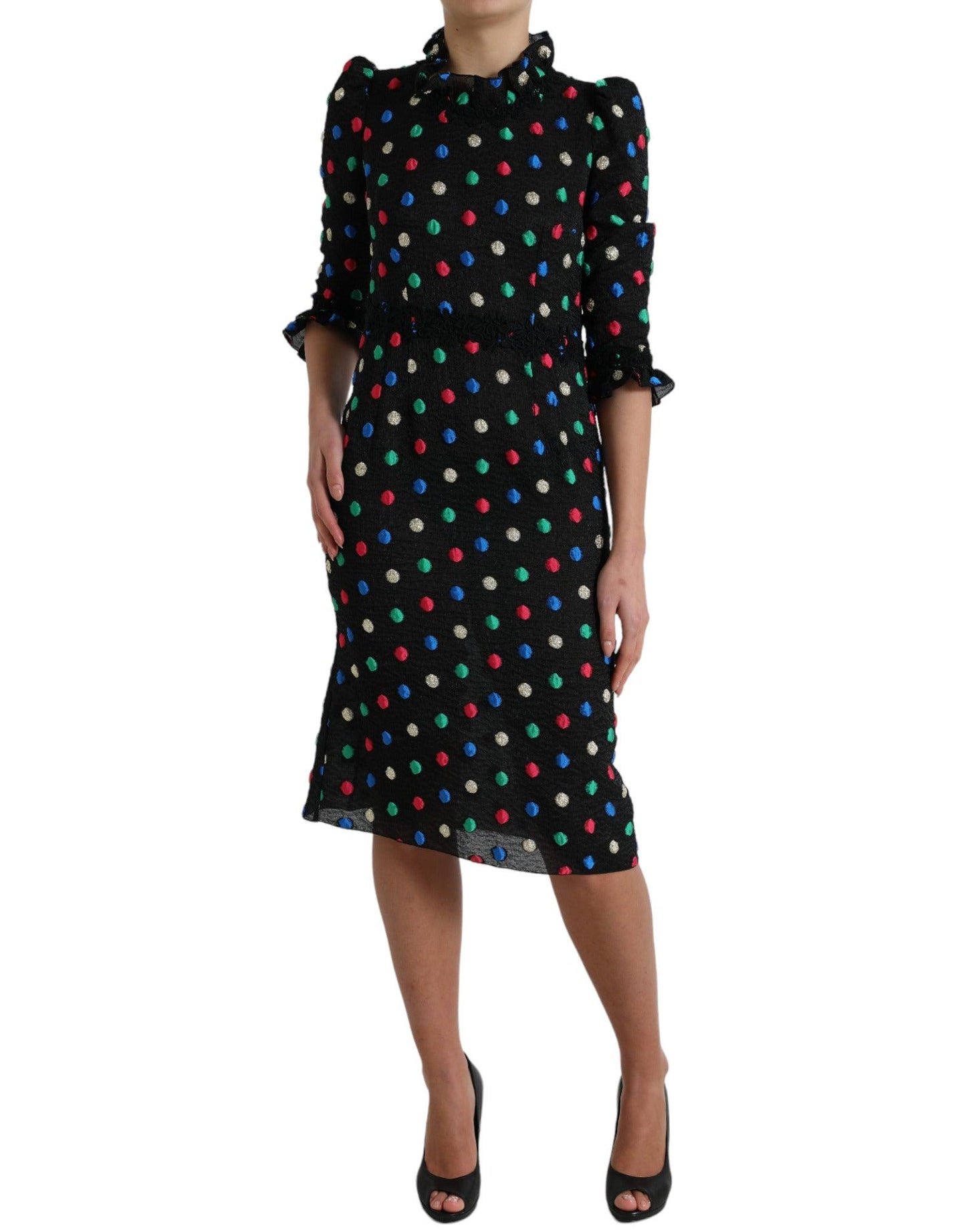 Dolce & Gabbana Elegant High Neck Polka Dot Midi Dress - PER.FASHION