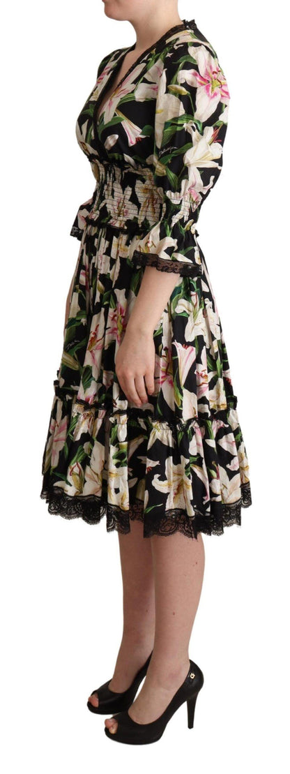 Dolce & Gabbana Elegant Lily Print Midi Dress with Lace Trim - PER.FASHION