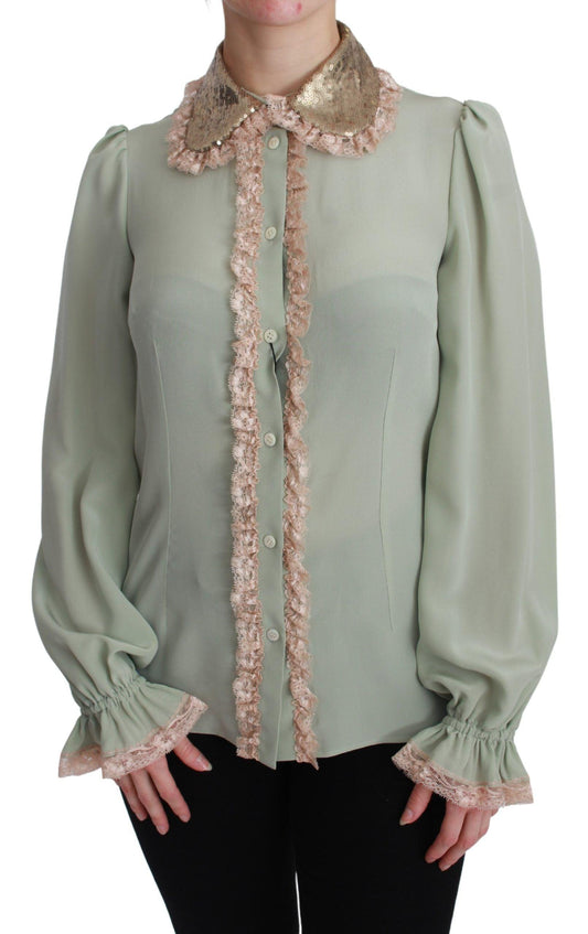 Dolce & Gabbana Elegant Mint Green Silk Blend Sequin Collar Top - PER.FASHION