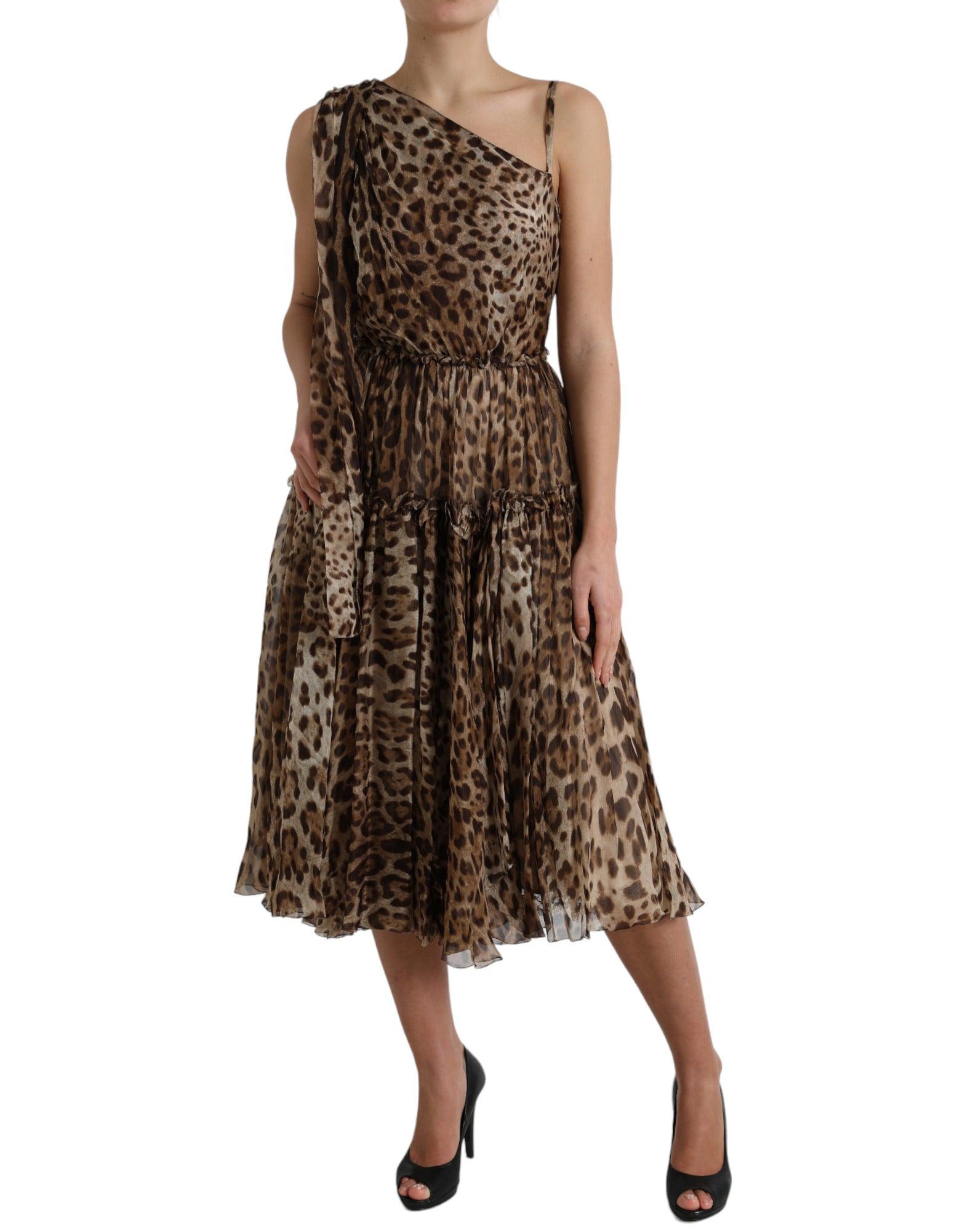 Dolce & Gabbana Elegant One-Shoulder Leopard Midi Dress - PER.FASHION