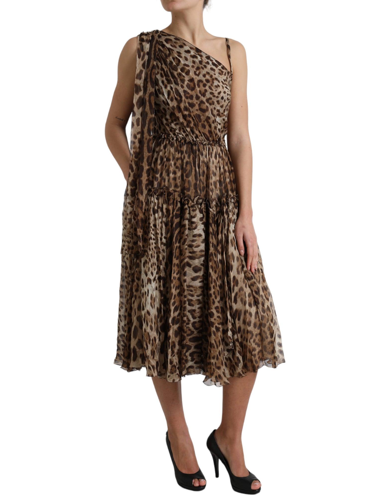 Dolce & Gabbana Elegant One-Shoulder Leopard Midi Dress - PER.FASHION