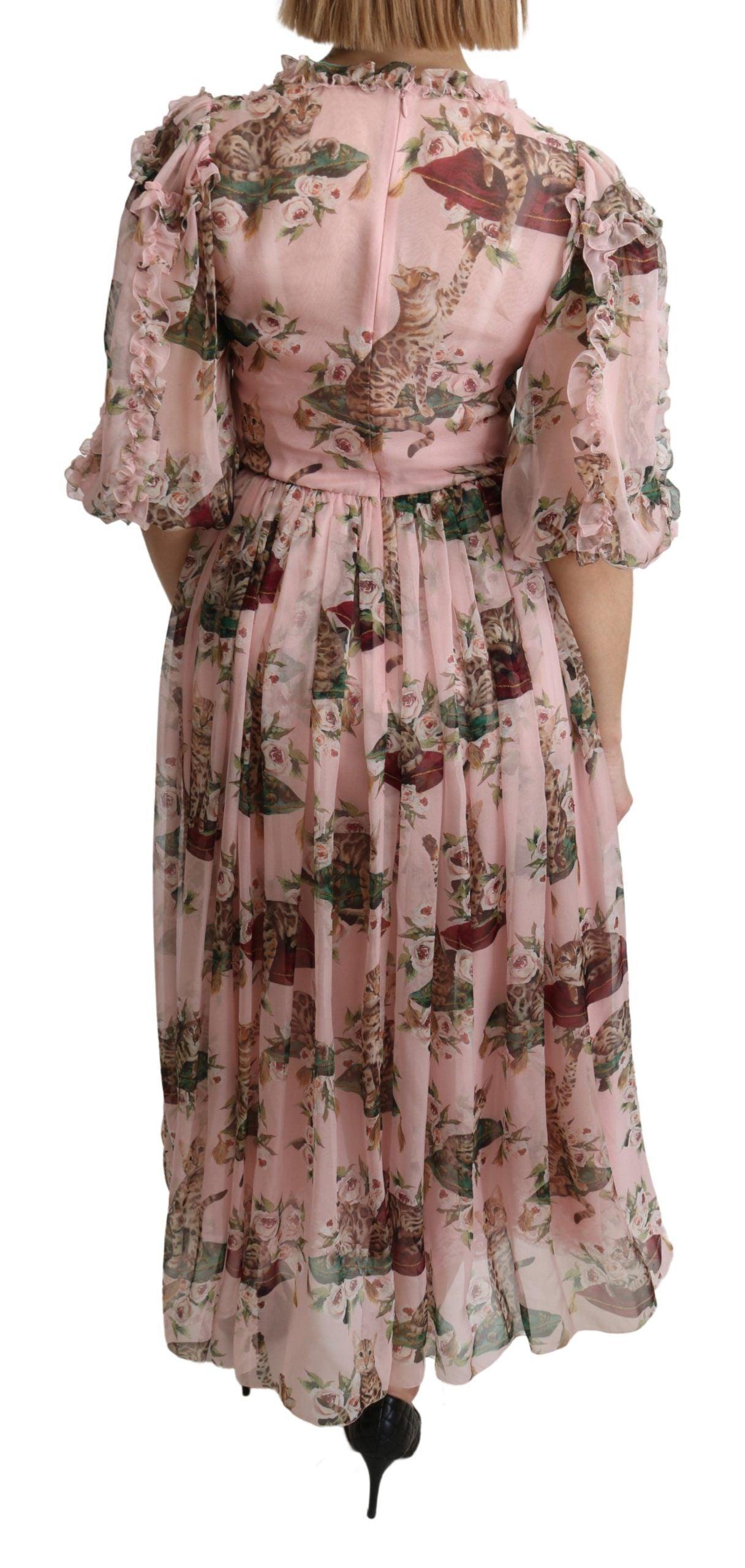 Dolce & Gabbana Elegant Pink Bengal Cat Print A-Line Maxi Dress - PER.FASHION