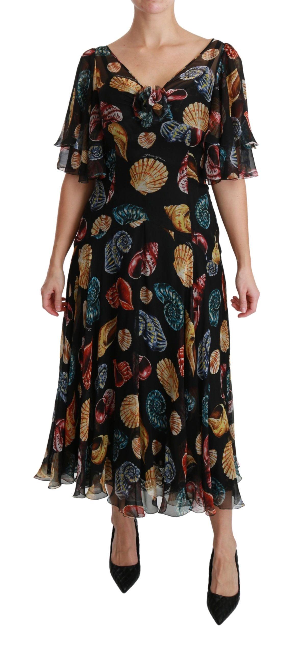 Dolce & Gabbana Elegant Sea Shells Print Silk Midi Dress - PER.FASHION