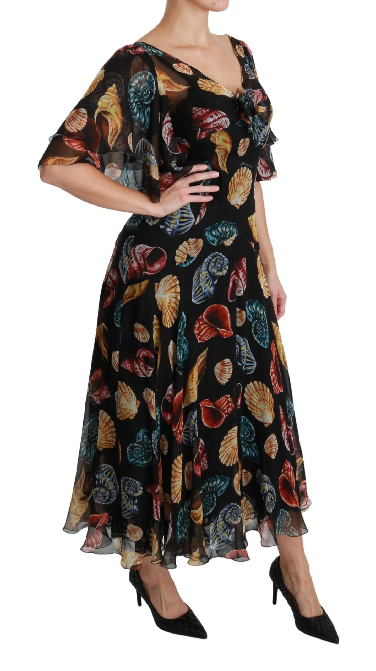 Dolce & Gabbana Elegant Sea Shells Print Silk Midi Dress - PER.FASHION