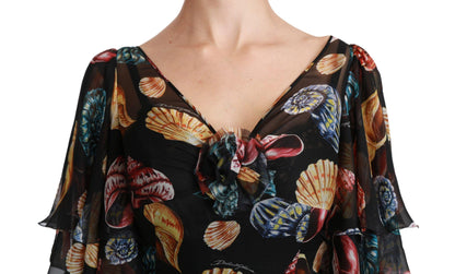 Dolce & Gabbana Elegant Sea Shells Print Silk Midi Dress - PER.FASHION