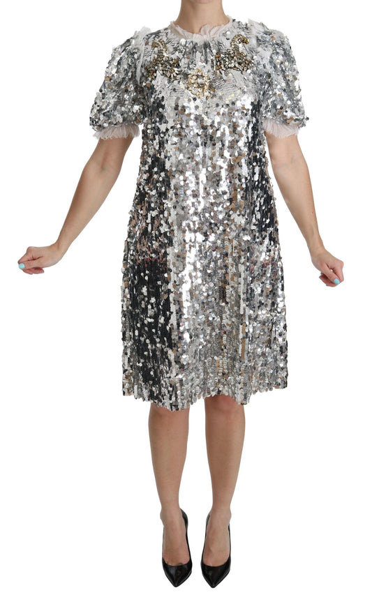 Dolce & Gabbana Elegant Silver A-Line Dress with Crystal Accents - PER.FASHION