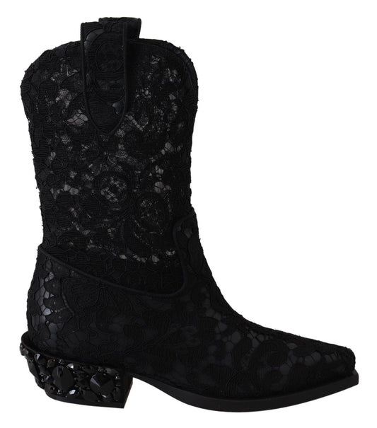 Dolce & Gabbana Elegant Viscose Leather Ankle Boots with Crystals - PER.FASHION