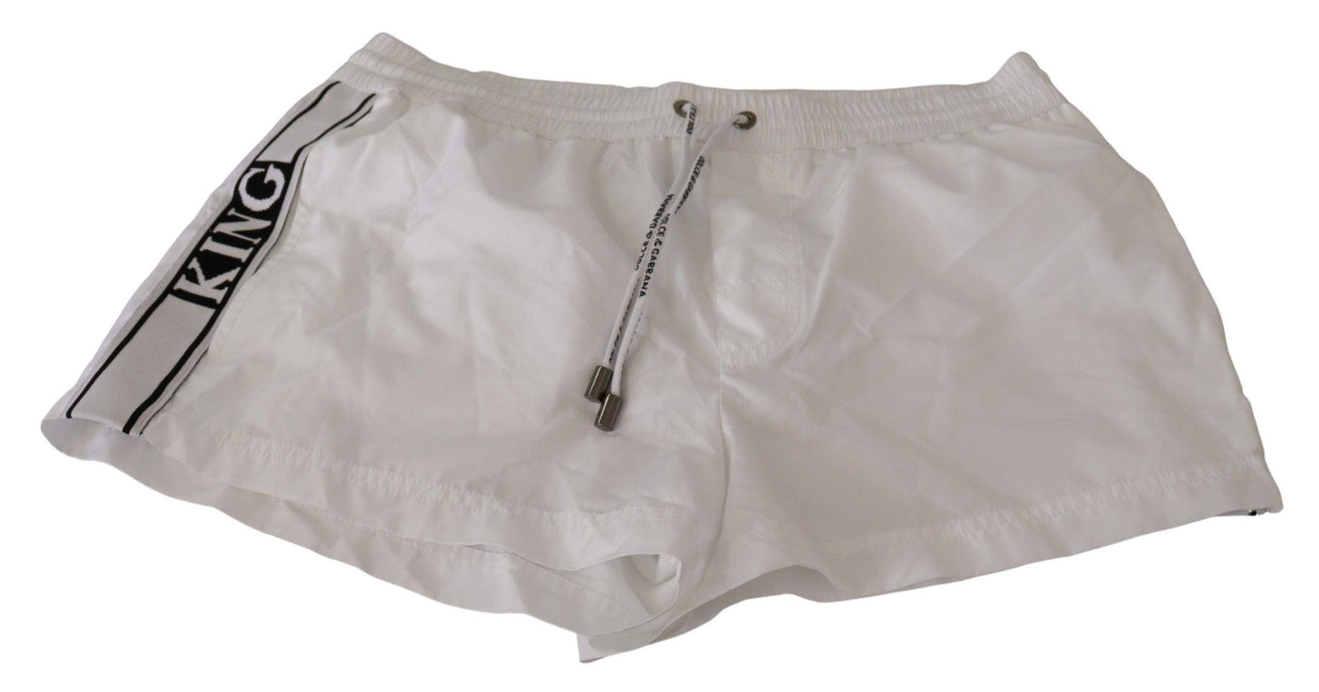 Dolce & Gabbana Elegant White KING Motive Swim Trunks - PER.FASHION