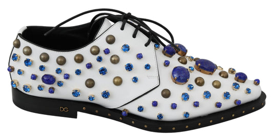 Dolce & Gabbana Elegant White Leather Dress Shoes With Crystals - PER.FASHION