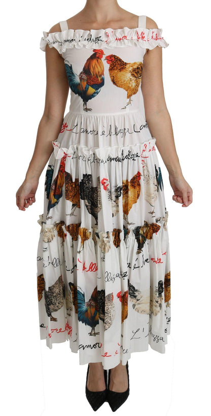 Dolce & Gabbana Elegant White Rooster Print Sheath Midi Dress - PER.FASHION