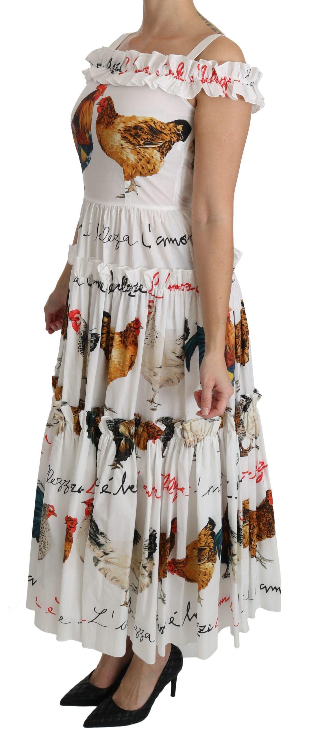 Dolce & Gabbana Elegant White Rooster Print Sheath Midi Dress - PER.FASHION