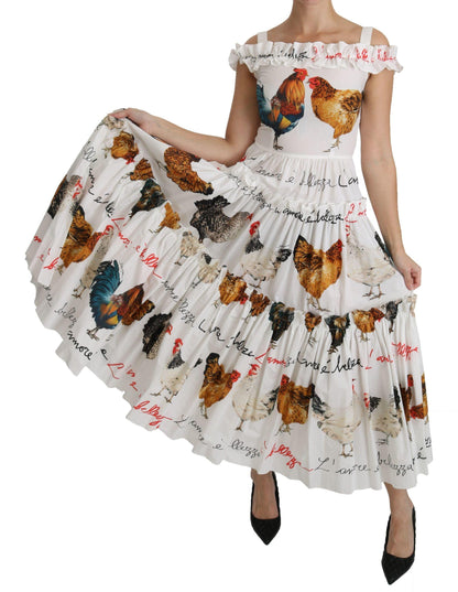 Dolce & Gabbana Elegant White Rooster Print Sheath Midi Dress - PER.FASHION