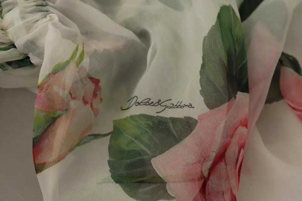 Dolce & Gabbana Elegant White Silk Maxi Dress with Pink Roses - PER.FASHION