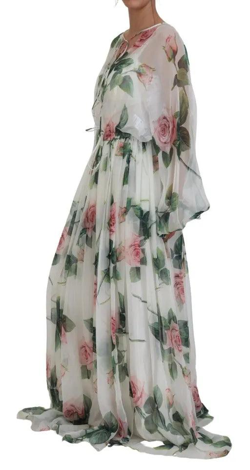 Dolce & Gabbana Elegant White Silk Maxi Dress with Pink Roses - PER.FASHION