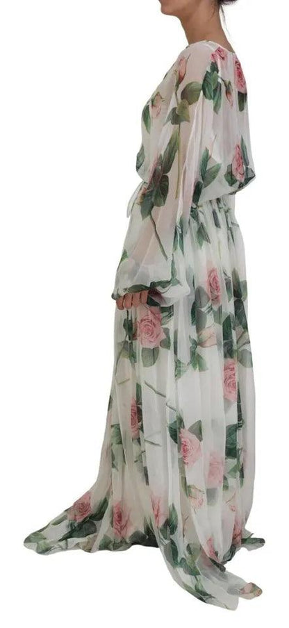 Dolce & Gabbana Elegant White Silk Maxi Dress with Pink Roses - PER.FASHION