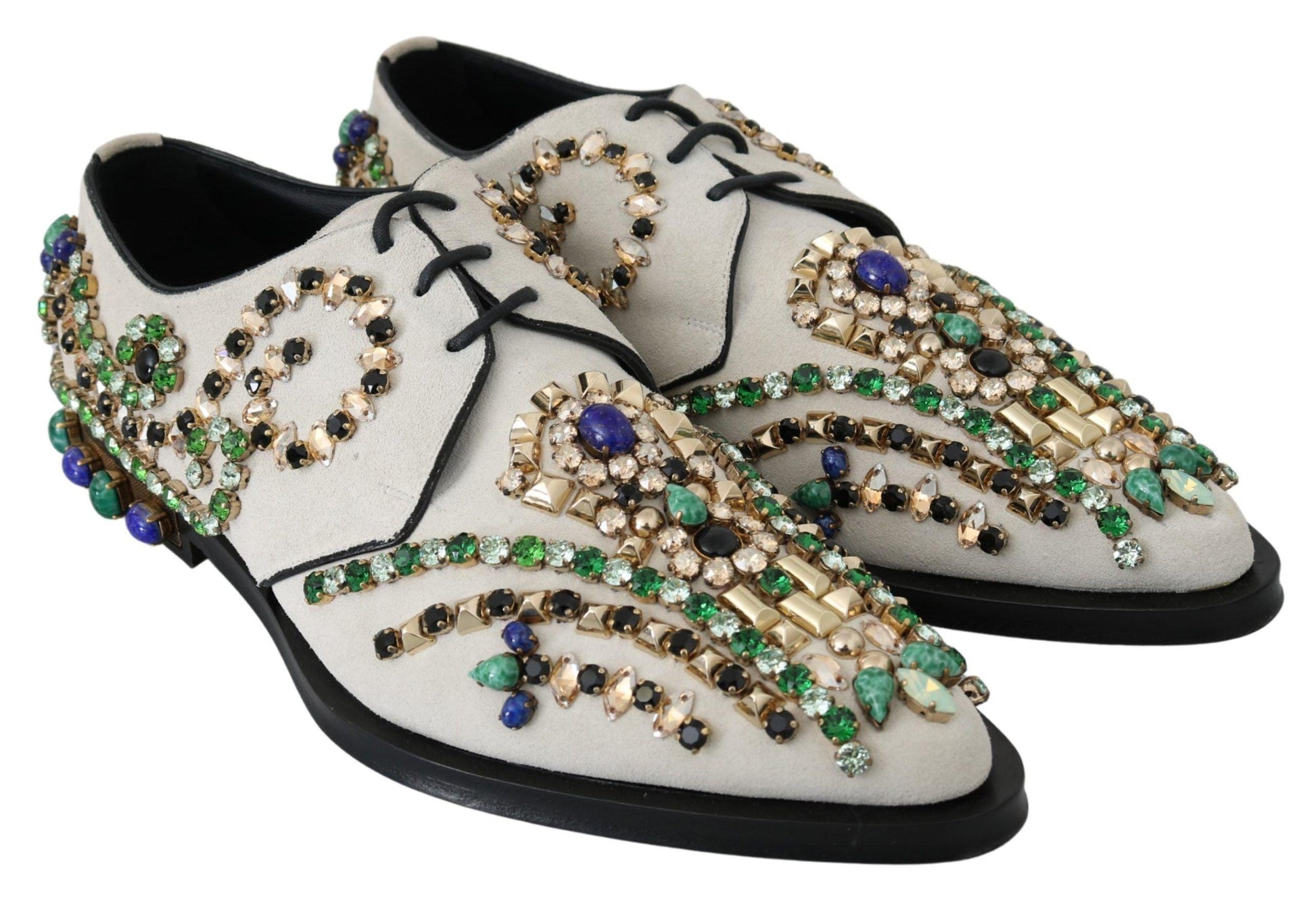 Dolce & Gabbana Elegant White Suede Dress Flats with Crystals - PER.FASHION