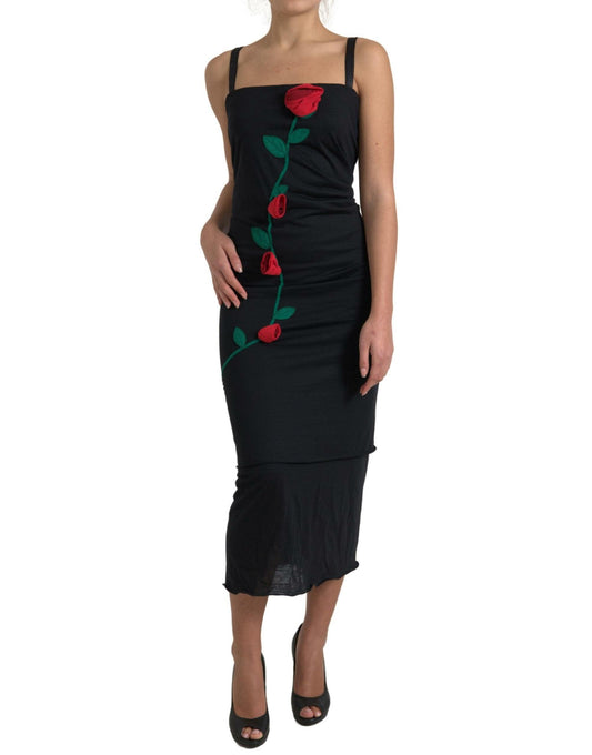 Dolce & Gabbana Elegant Wool Sheath Dress with Rose Applique - PER.FASHION