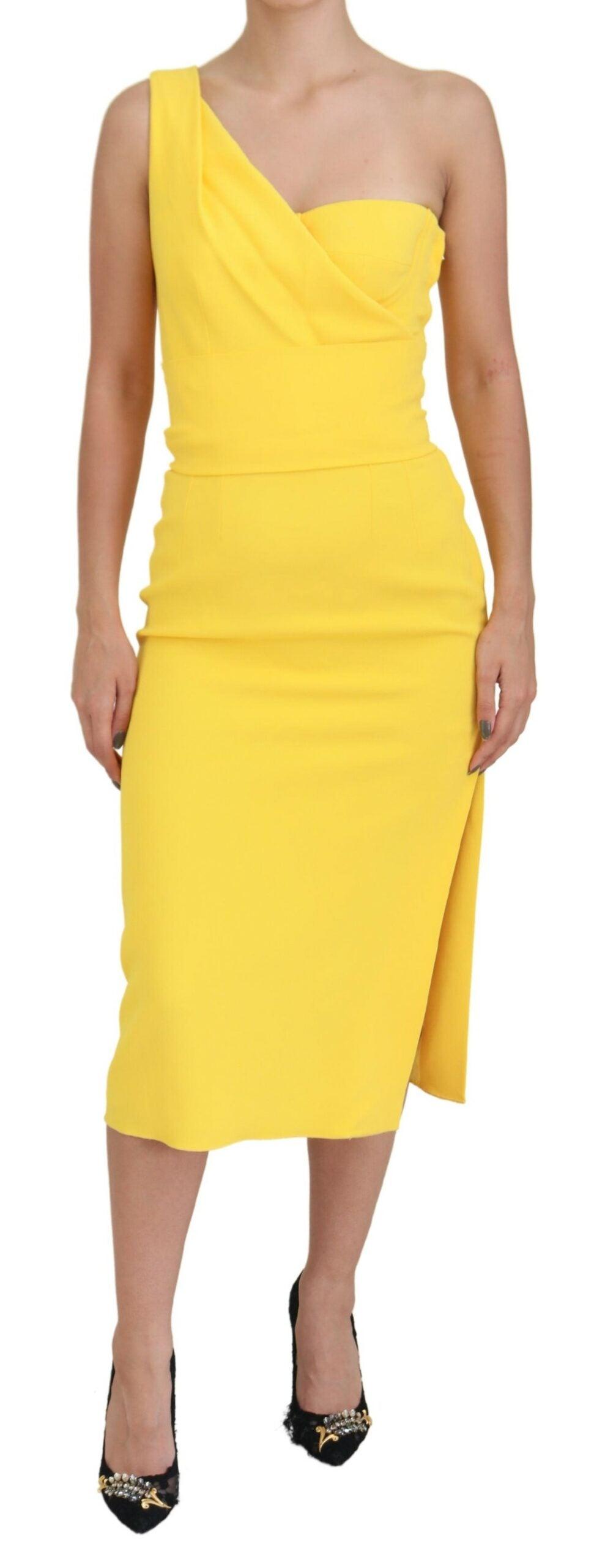 Dolce & Gabbana Elegant Yellow One-Shoulder Midi Dress - PER.FASHION
