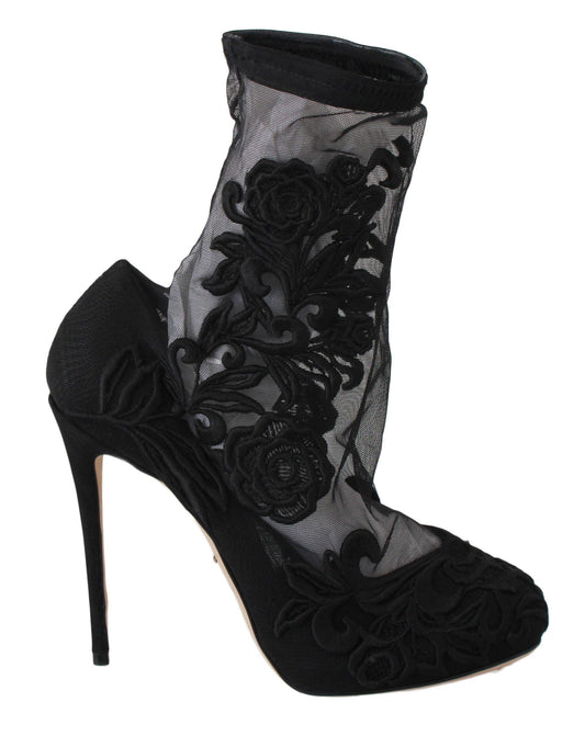 Dolce & Gabbana Embroidered Floral Stiletto Socks Booties - PER.FASHION
