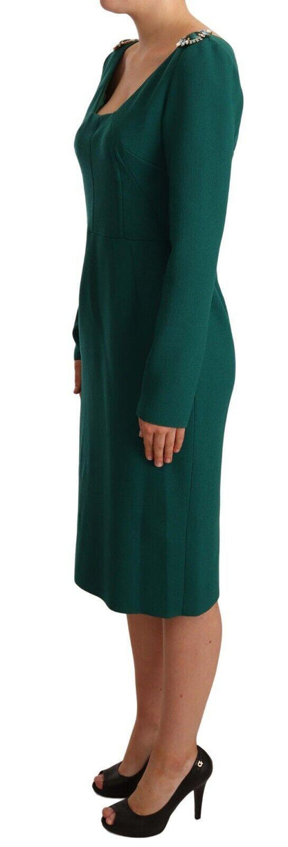 Dolce & Gabbana Emerald Green Midi Sheath Dress with Crystal Brooch - PER.FASHION