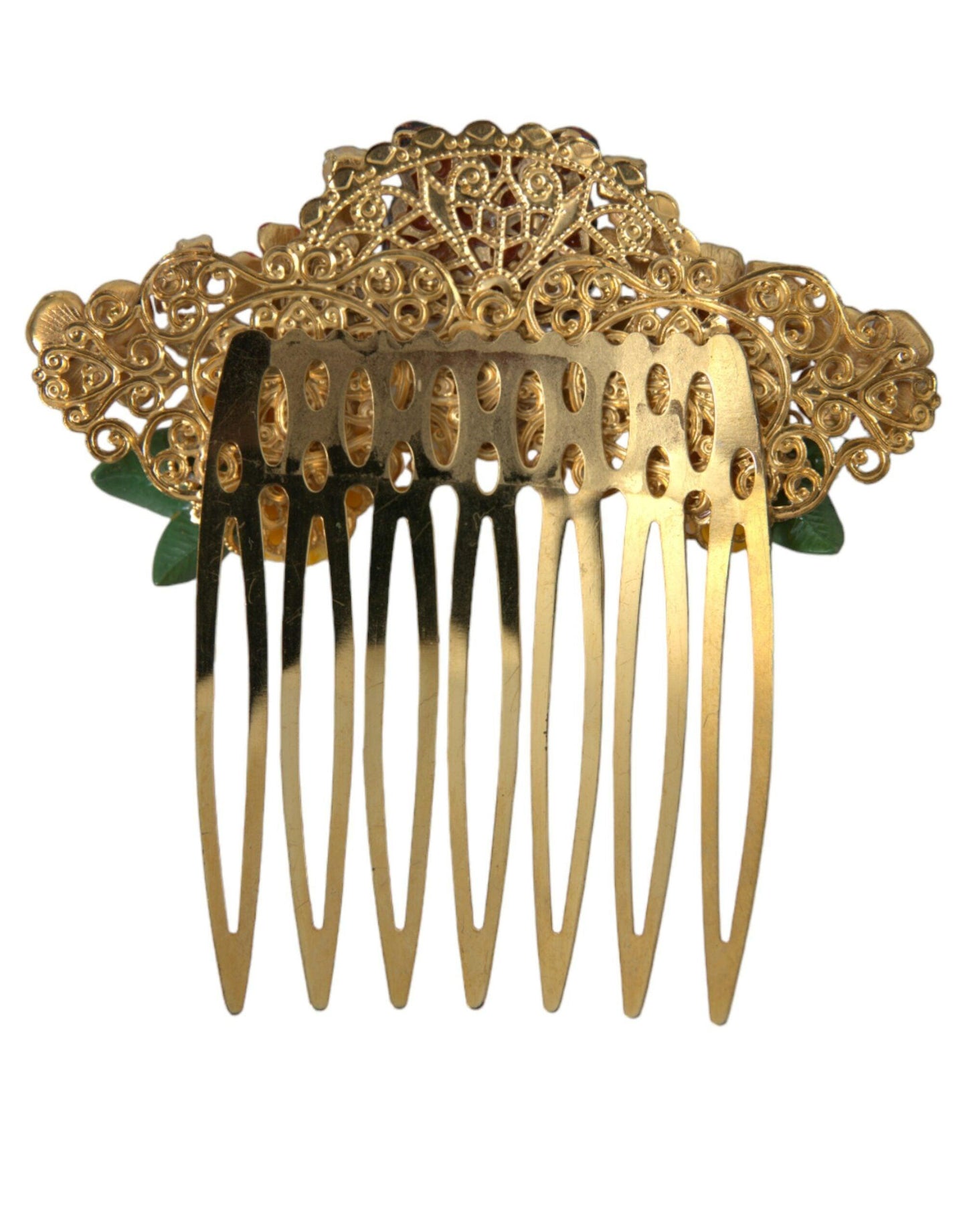 Dolce & Gabbana Gold Brass Crystal Leopard Floral Hair Comb - PER.FASHION