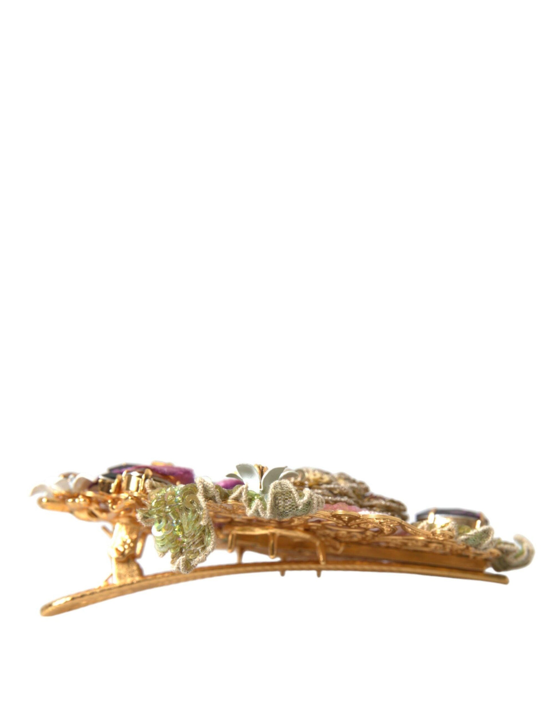 Dolce & Gabbana Gold Brass Floral Crystal Sequined Hair Clip - PER.FASHION